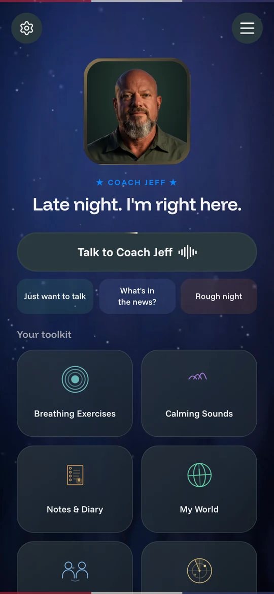 Coach Jeff home screen at night: Late night. I'm right here.