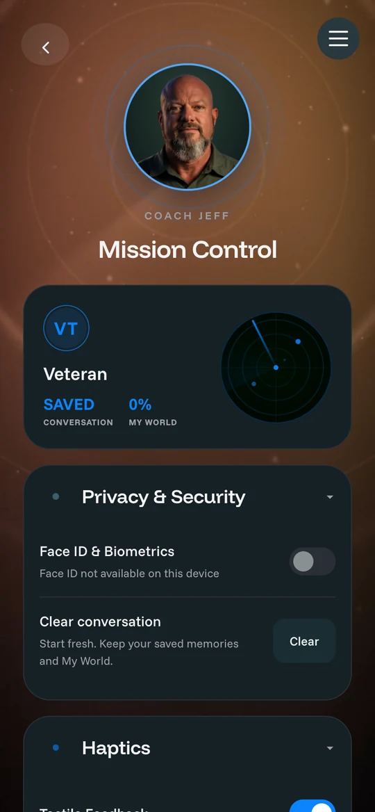 Coach Jeff Mission Control screen
