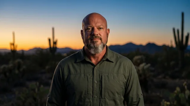 Coach Jeff portrait. Landscape, desert at dusk.